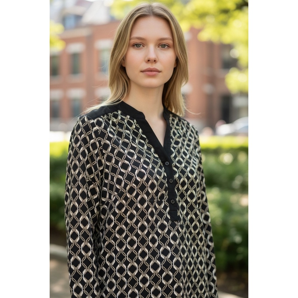 Perception Concept XL Geometric Chain Link V-Neck Roll-Tab Sleeve Blouse TN636‎